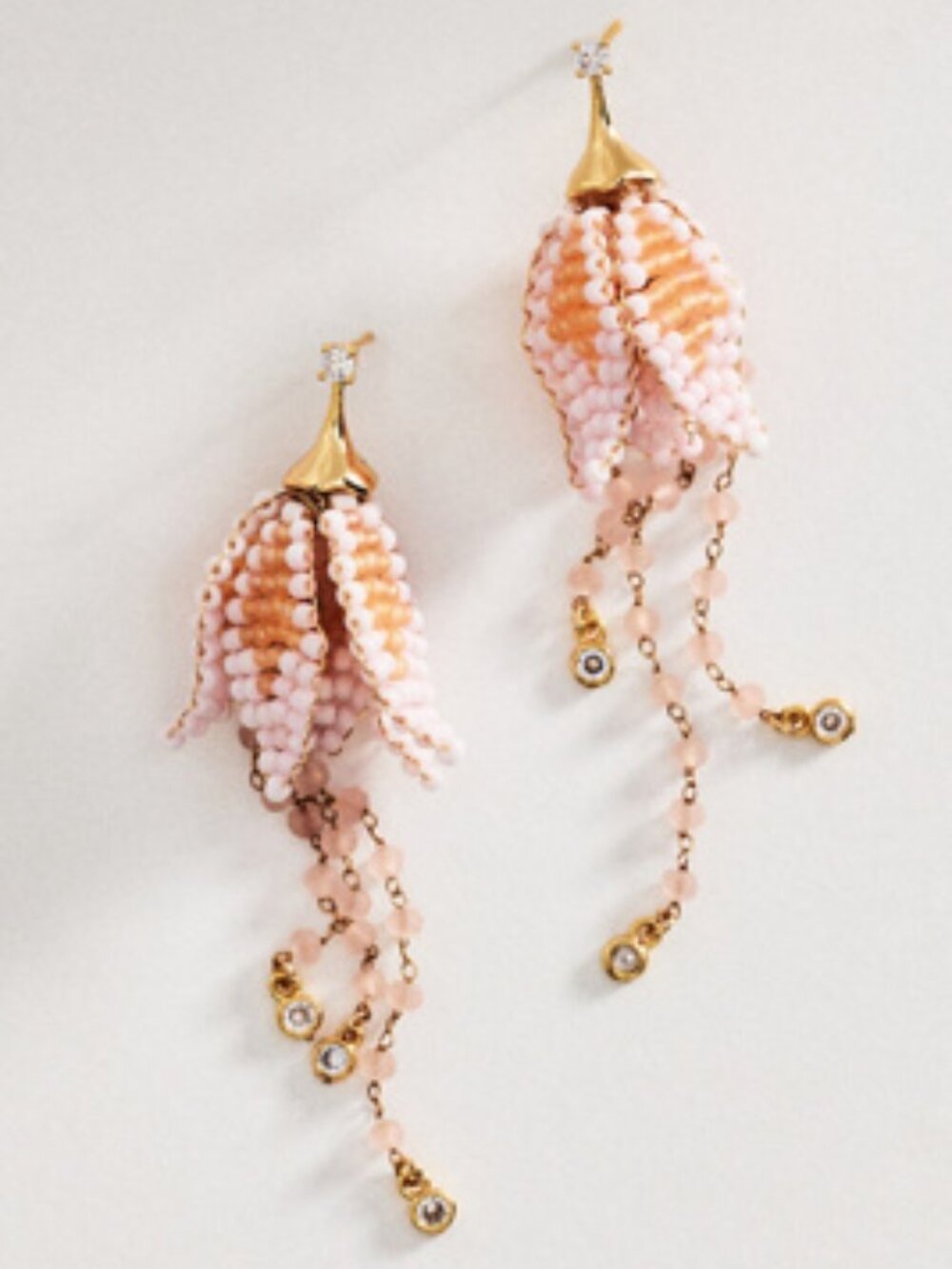 Anthropologie Cascading Beaded Flower Drop Earrings - Pink - New